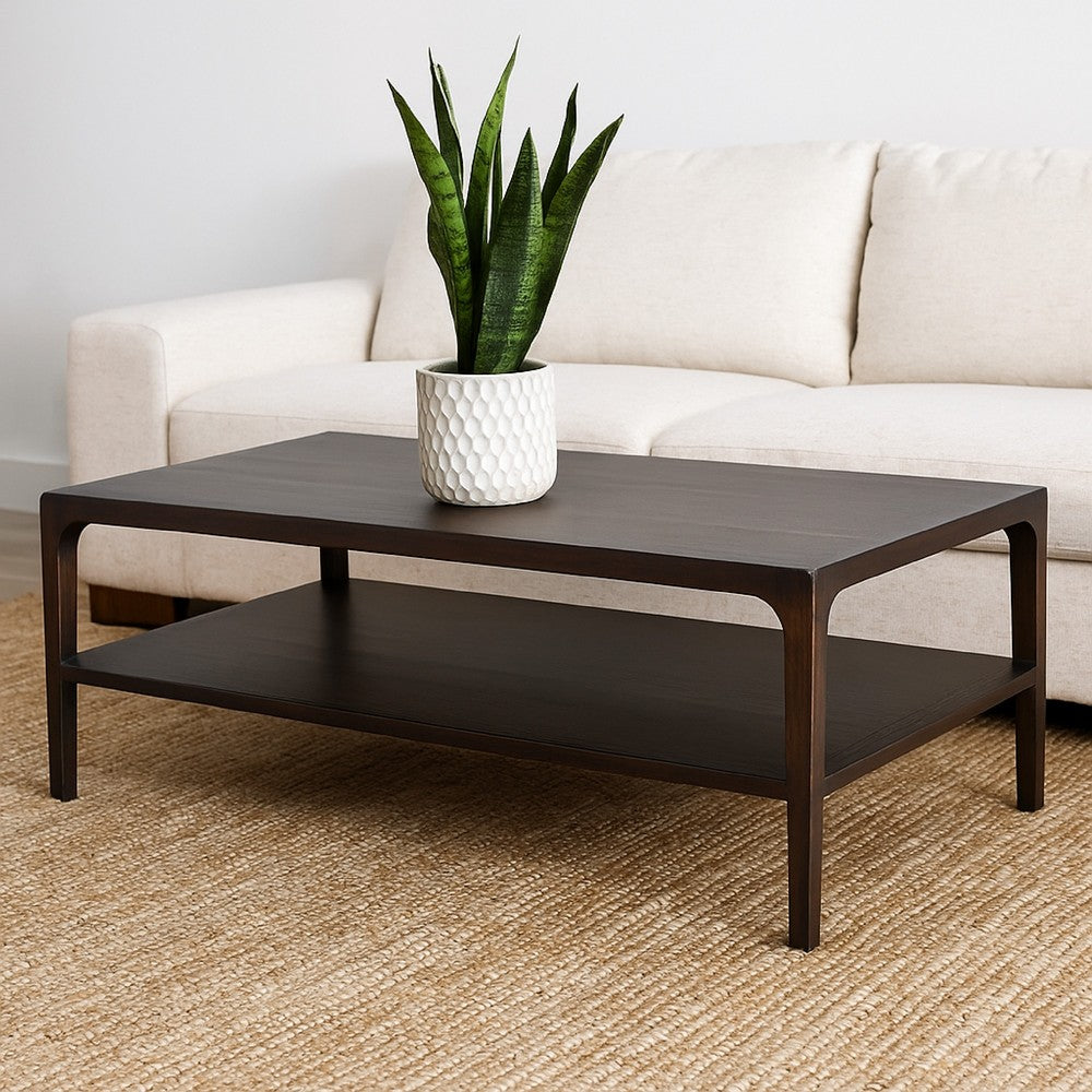 Geni Coffee Table, 48 Inch Rectangular Top w Shelf, Parsons Style Gray