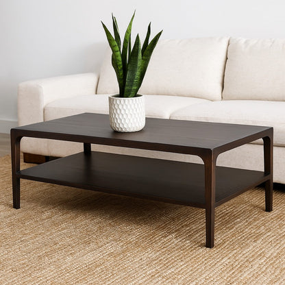 Geni Coffee Table, 48 Inch Rectangular Top w Shelf, Parsons Style Gray