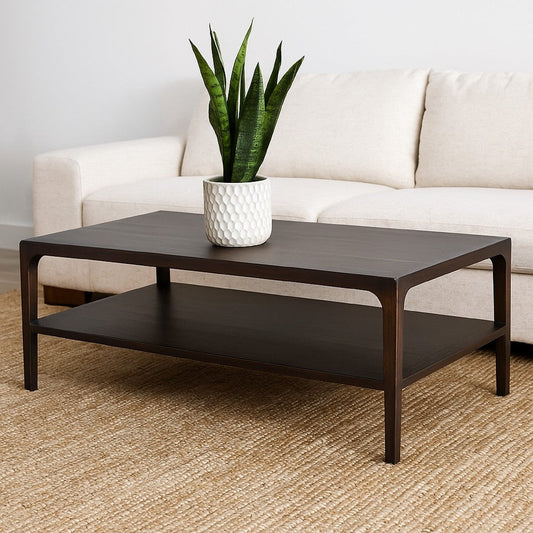 Geni Coffee Table, 48 Inch Rectangular Top w Shelf, Parsons Style Gray