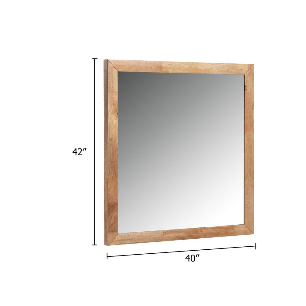Noe Malia Mirror, 40 Inch Rectangular Rubberwood Frame, Natural Brown