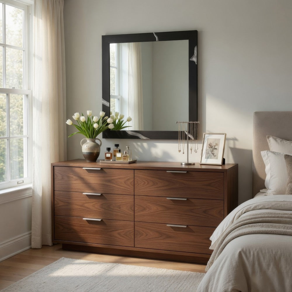 Cid Exie Mirror, 39 Inch Matte Brown Veneer Frame, Silver Accents