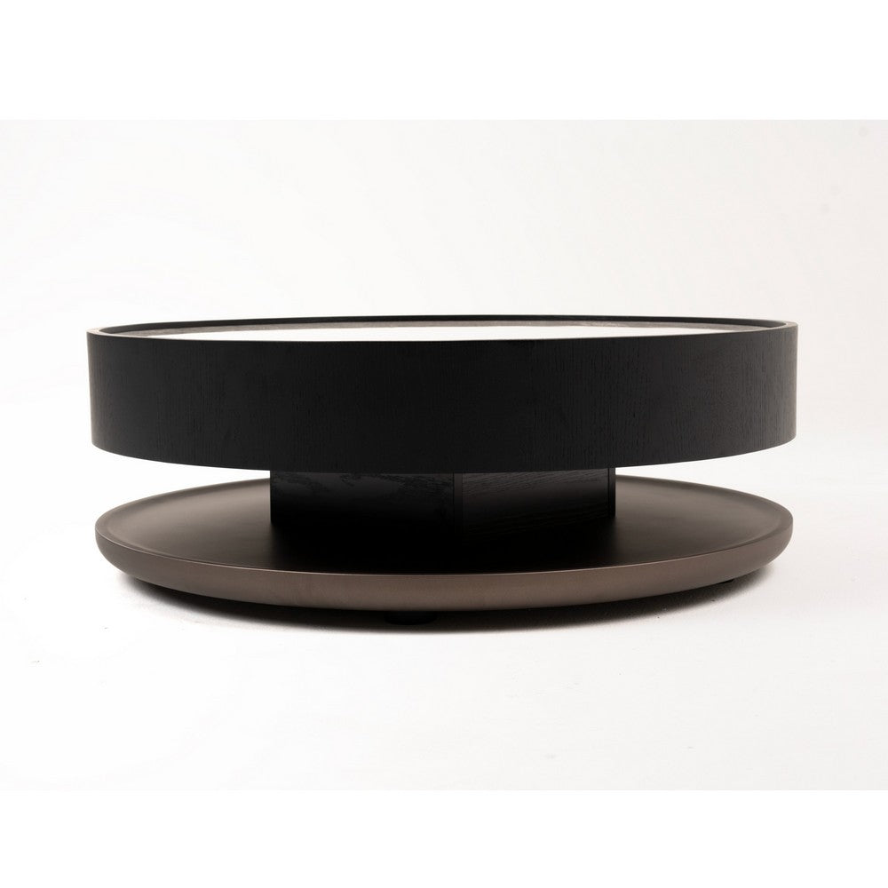 Cid Mauj Coffee Table, 37 Inch White Ceramic Top, Black Oak Veneer Body