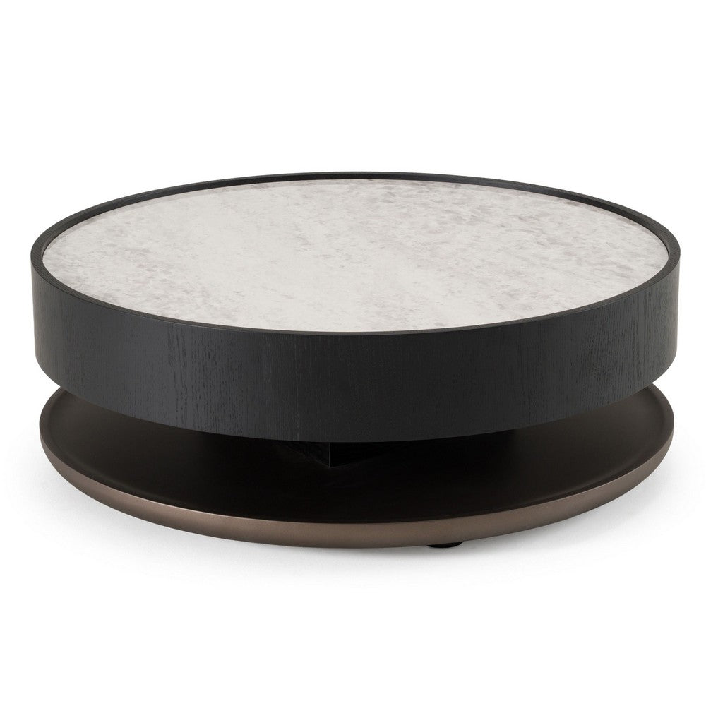 Cid Mauj Coffee Table, 37 Inch White Ceramic Top, Black Oak Veneer Body