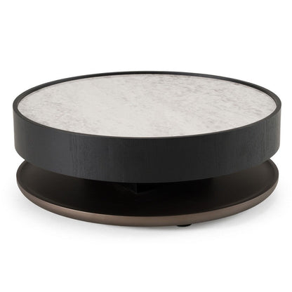 Cid Mauj Coffee Table, 37 Inch White Ceramic Top, Black Oak Veneer Body
