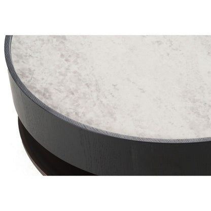 Cid Mauj Coffee Table, 37 Inch White Ceramic Top, Black Oak Veneer Body