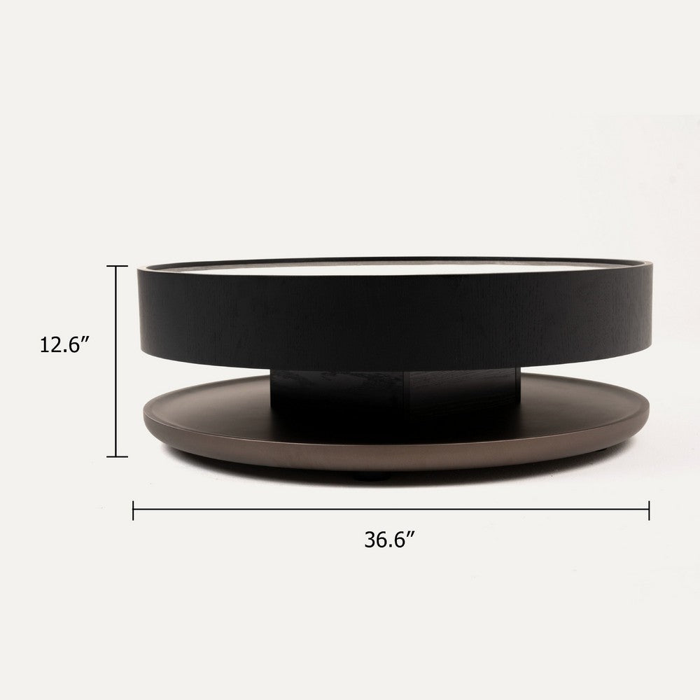 Cid Mauj Coffee Table, 37 Inch White Ceramic Top, Black Oak Veneer Body