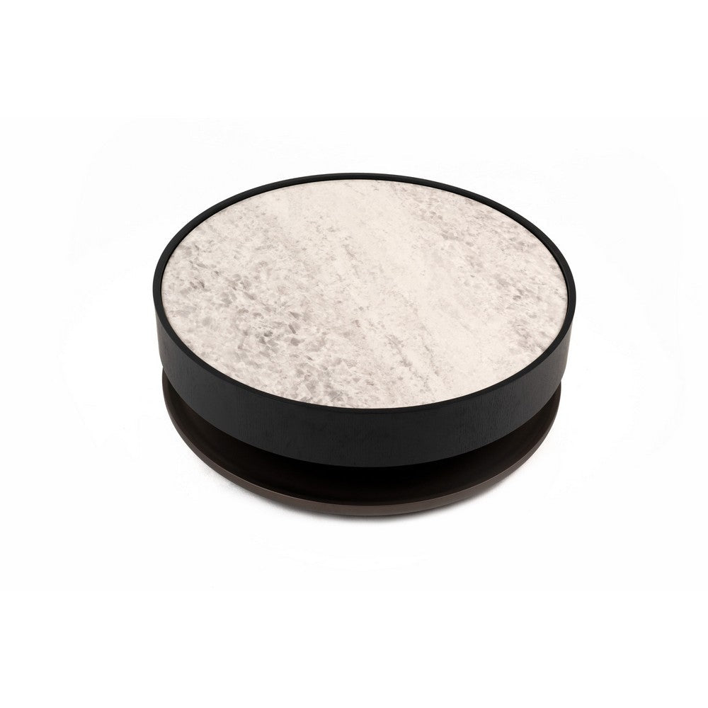 Cid Mauj Coffee Table, 37 Inch White Ceramic Top, Black Oak Veneer Body
