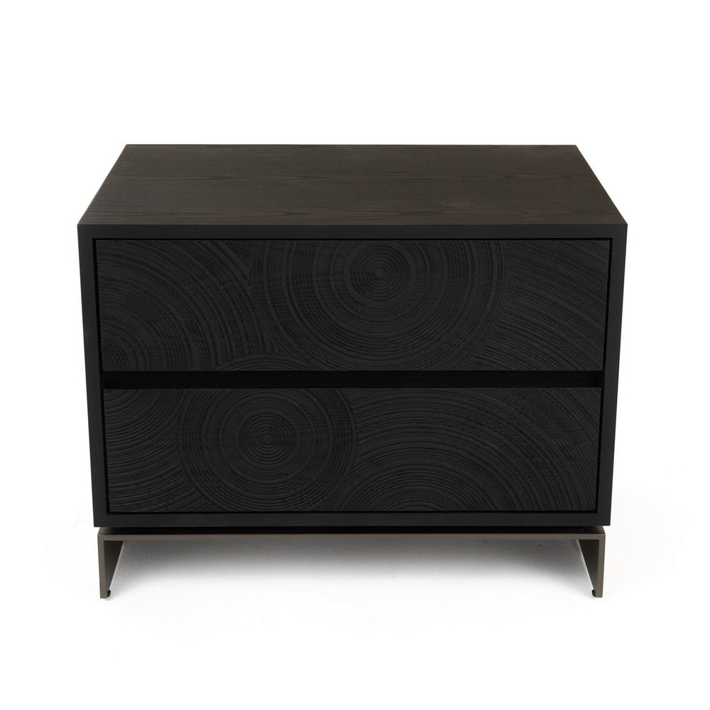 Niye Nightstand, 2 Drawers, Black Ash Wood and Gray Metal Base, 28 Inch