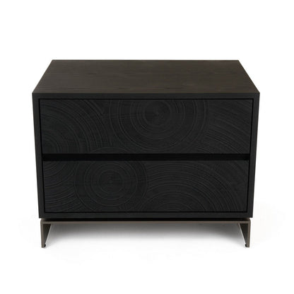Niye Nightstand, 2 Drawers, Black Ash Wood and Gray Metal Base, 28 Inch