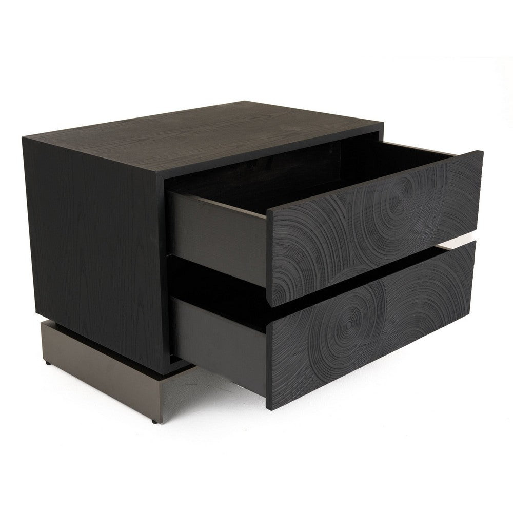 Niye Nightstand, 2 Drawers, Black Ash Wood and Gray Metal Base, 28 Inch