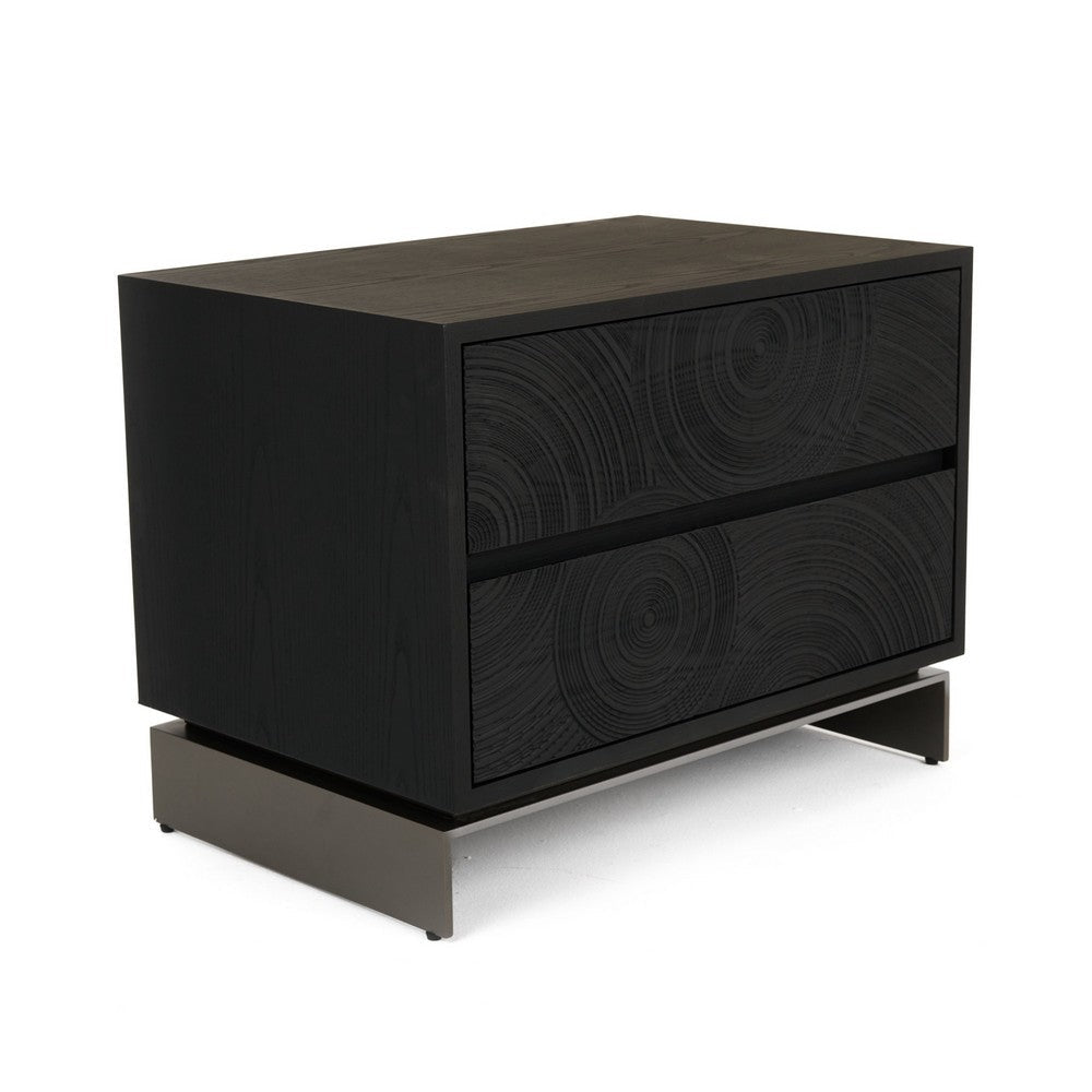 Niye Nightstand, 2 Drawers, Black Ash Wood and Gray Metal Base, 28 Inch