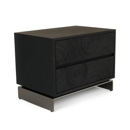 Niye Nightstand, 2 Drawers, Black Ash Wood and Gray Metal Base, 28 Inch