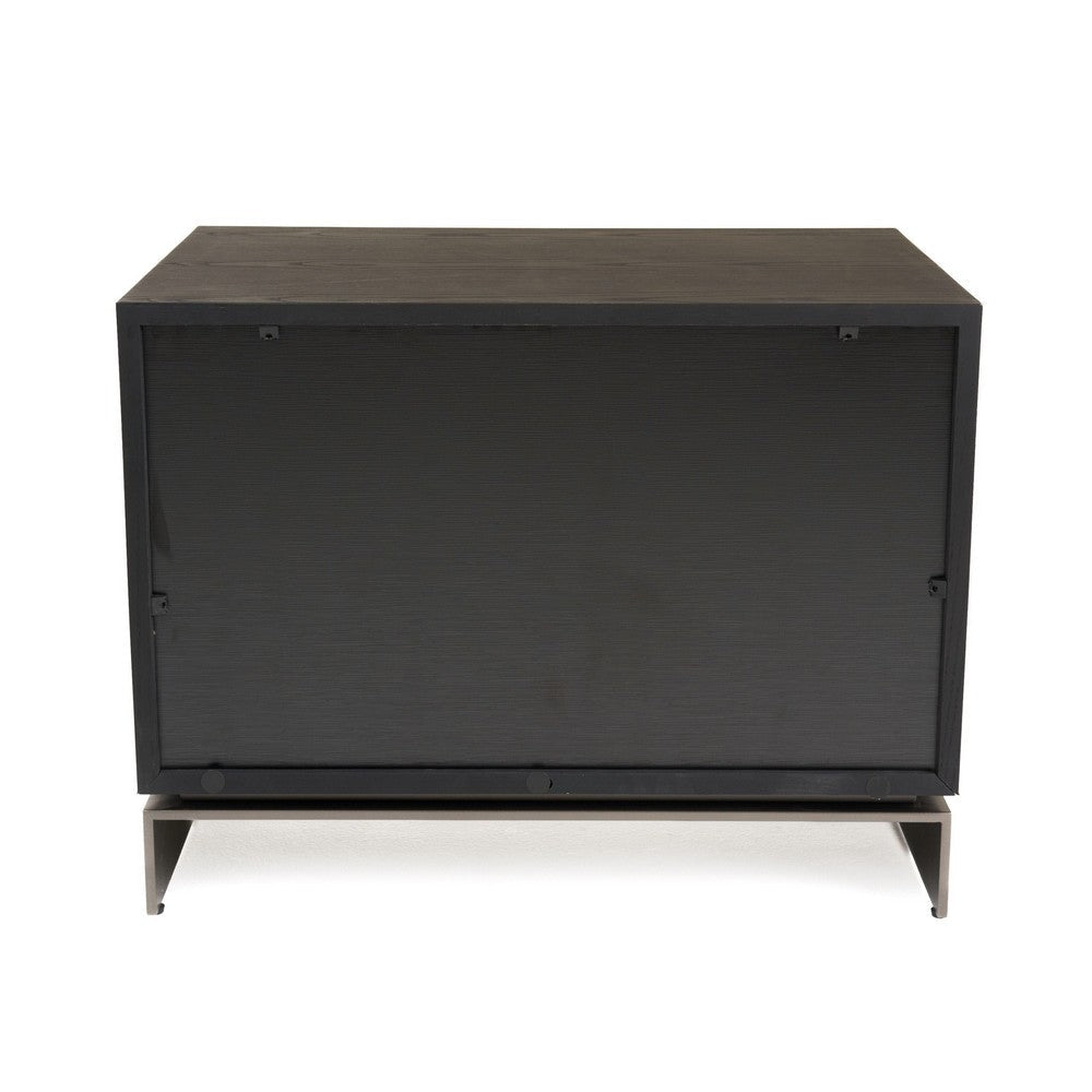 Niye Nightstand, 2 Drawers, Black Ash Wood and Gray Metal Base, 28 Inch