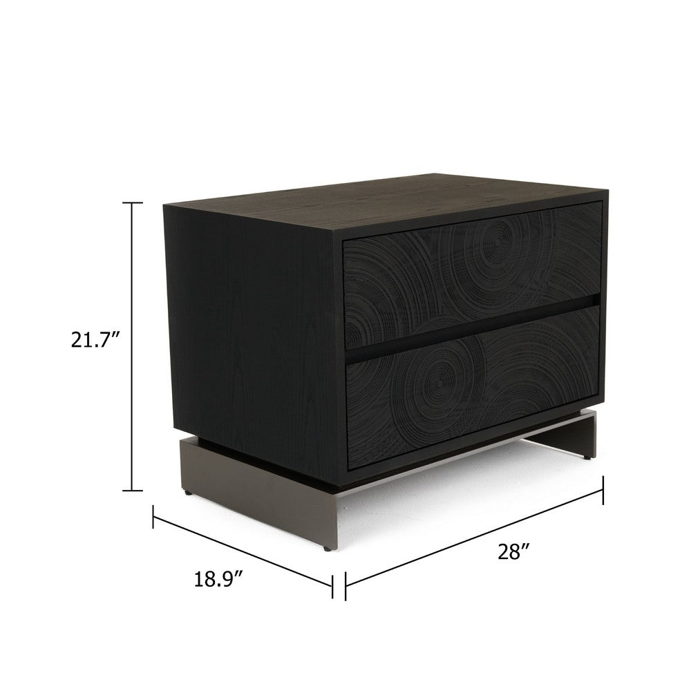 Niye Nightstand, 2 Drawers, Black Ash Wood and Gray Metal Base, 28 Inch