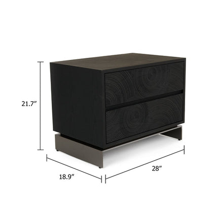 Niye Nightstand, 2 Drawers, Black Ash Wood and Gray Metal Base, 28 Inch
