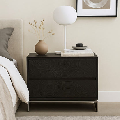 Niye Nightstand, 2 Drawers, Black Ash Wood and Gray Metal Base, 28 Inch
