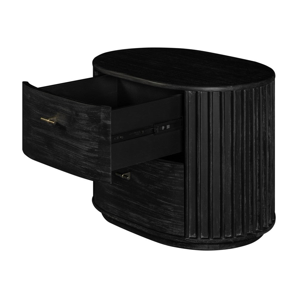 Fely Nightstand, 2 Drawers, Gold Metal Handles, Black Acacia Veneer