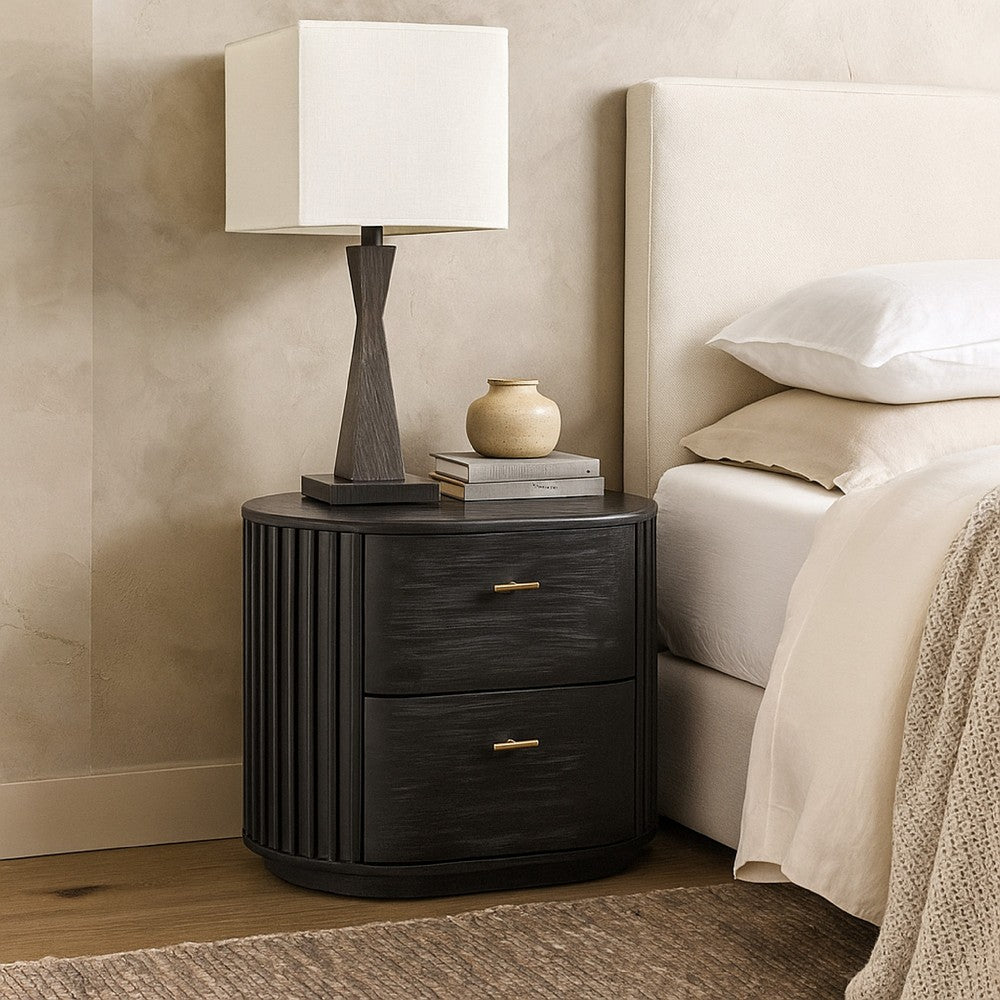 Fely Nightstand, 2 Drawers, Gold Metal Handles, Black Acacia Veneer