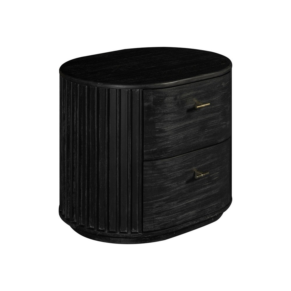 Fely Nightstand, 2 Drawers, Gold Metal Handles, Black Acacia Veneer