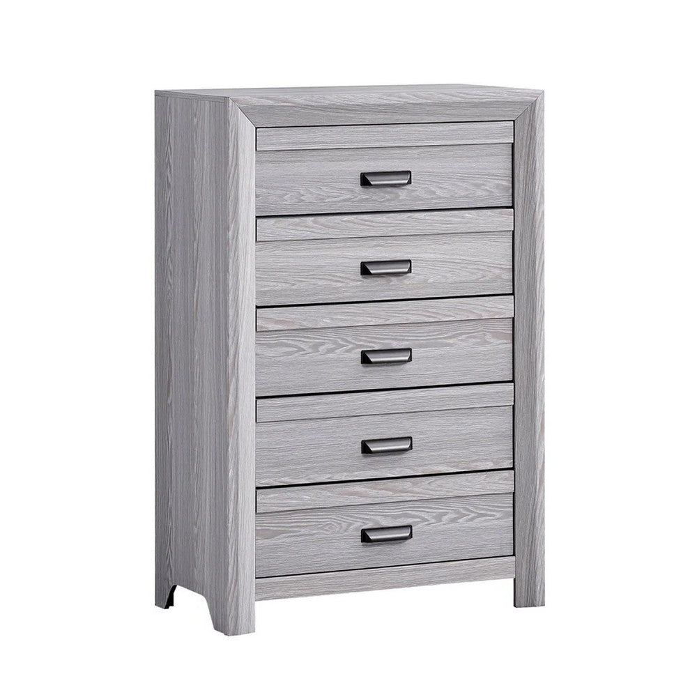 Laide Tall Dresser Chest with 5 Drawers, Cup Handles, Gray Driftwood Veneer