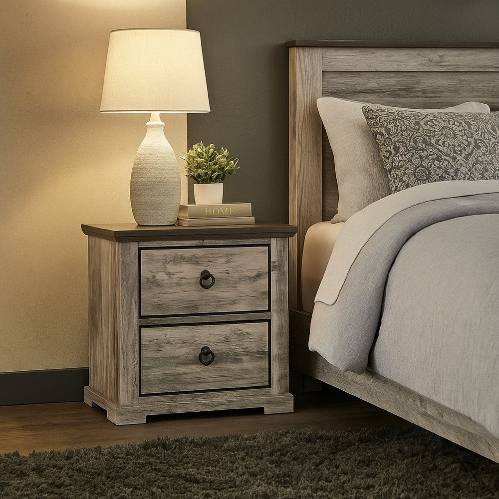 Elaya Nightstand with 2 Drawers, Black Metal, Weathered Gray Wood