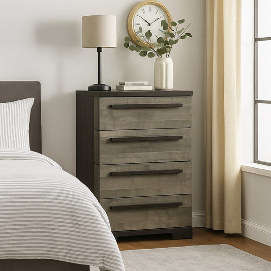 Ruthe Tall Dresser Chest with 4 Drawers, Ebony Black, Gray Wood