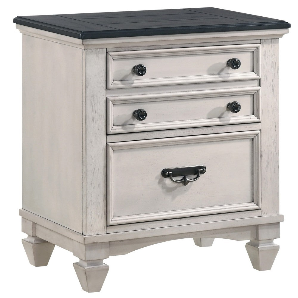 Sawz Nightstand with 3 Drawers, Charcoal Plank Top, Light Gray Wood