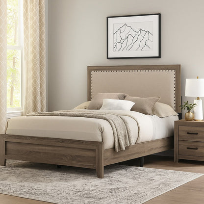 Shannon King Bed with Nailhead Trim, Ivory Fabric on, Cherry Brown Wood