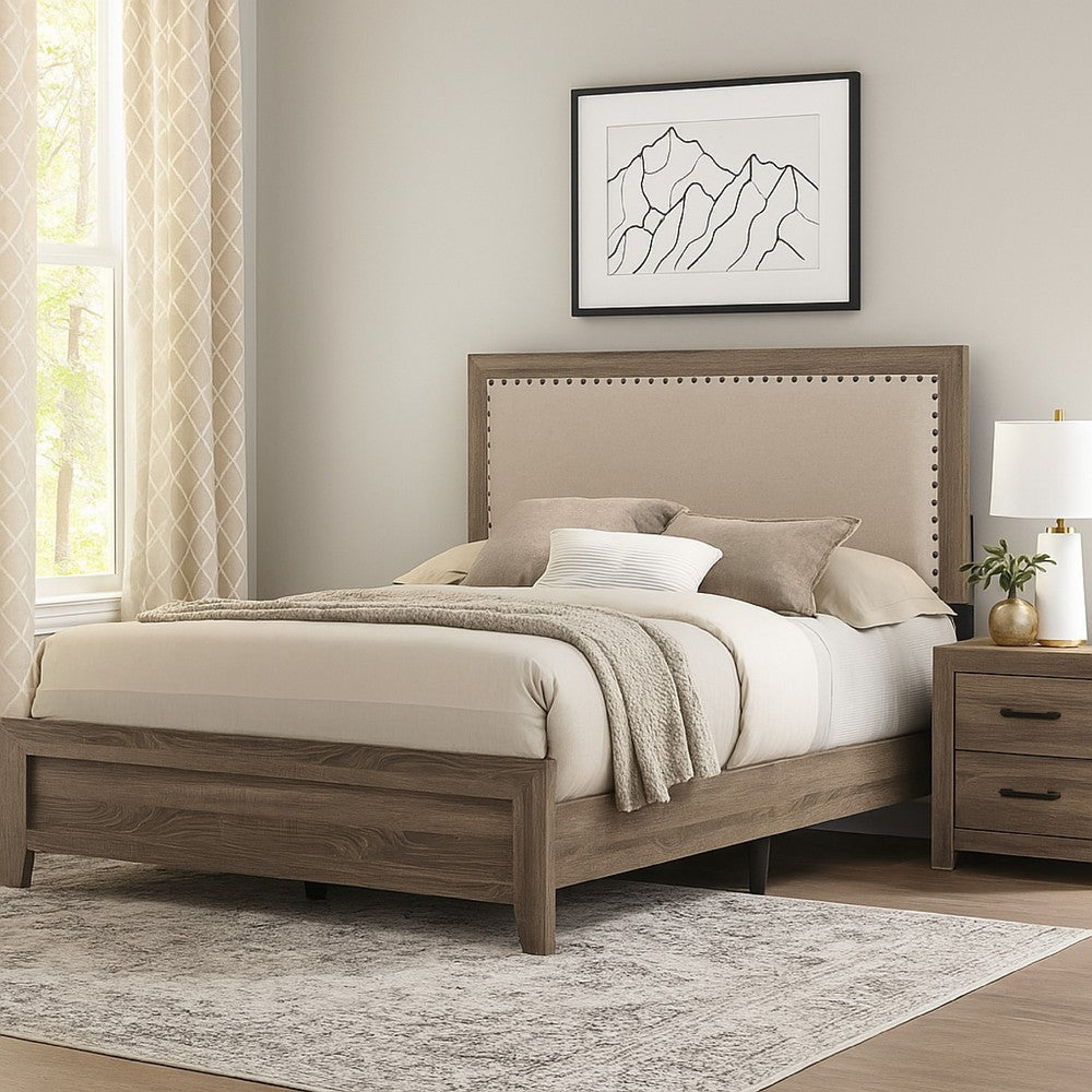 Shannon King Bed with Nailhead Trim, Ivory Fabric on, Cherry Brown Wood