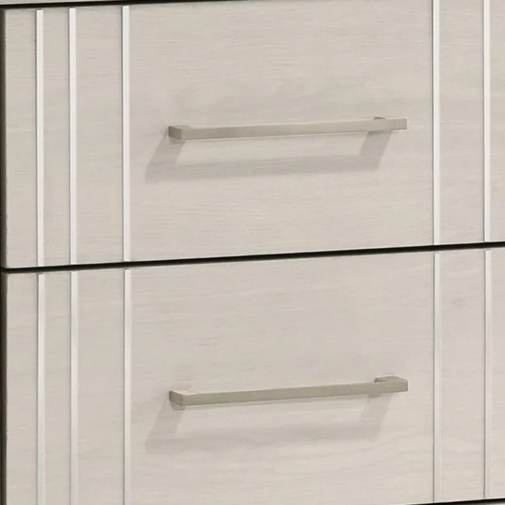 Charie Nightstand with 2 Drawers, Tapered Legs, Silver Metal, White Wood