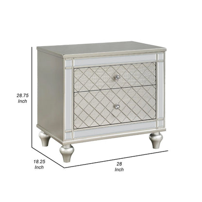 Cristo Nightstand, 2 Dovetail Drawers, Crystal Knobs, Champagne Silver