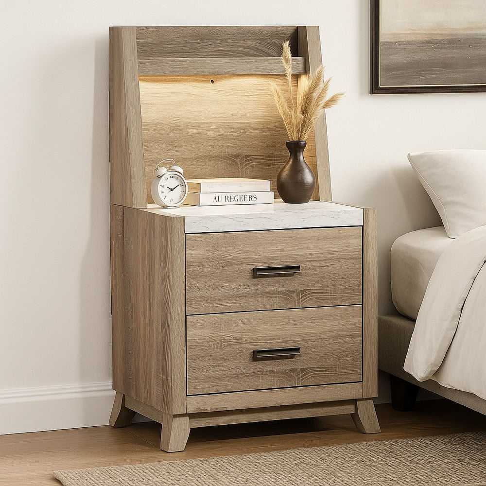 Tily Nightstand w Wall Panel, 2 Drawers, White Faux Stone Top, Brown
