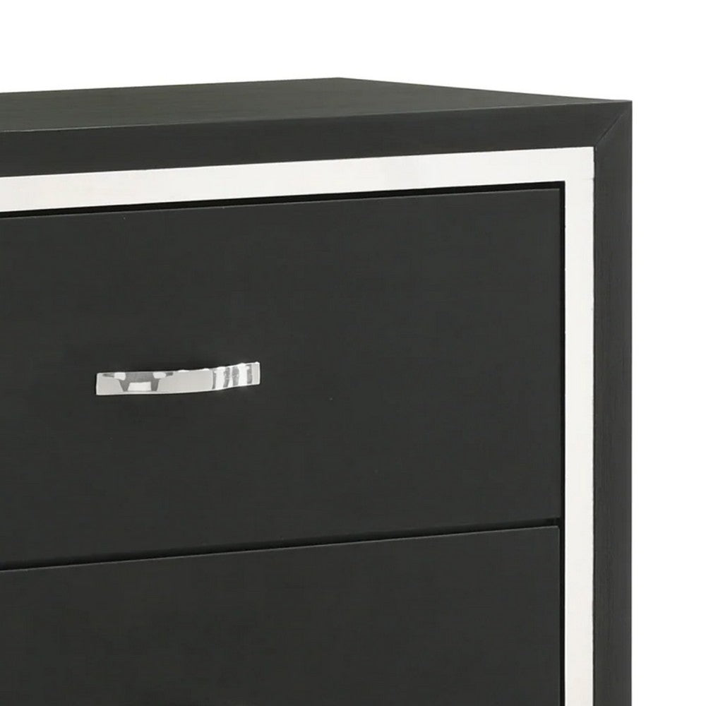 Geny Tall Dresser Chest, 4 Drawers, Silver Trim and Metal Handles, Black