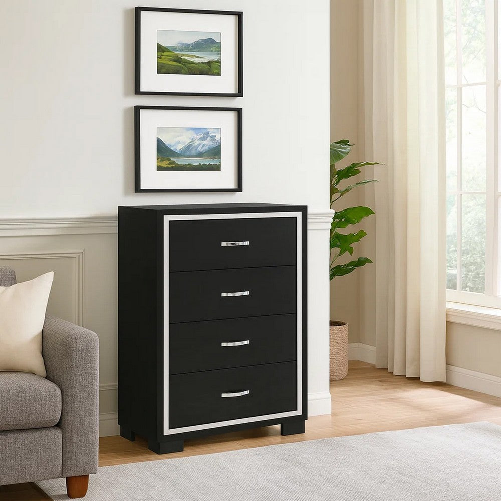 Geny Tall Dresser Chest, 4 Drawers, Silver Trim and Metal Handles, Black
