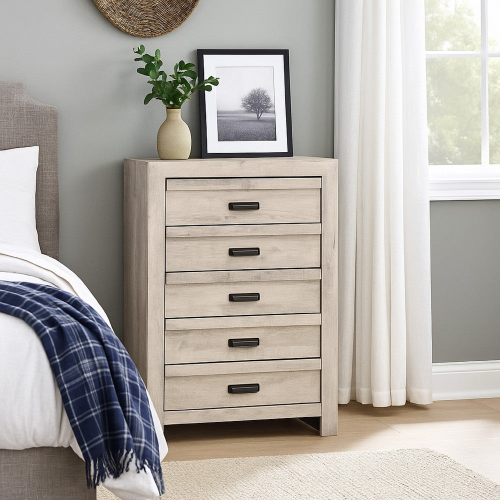 Velz Tall Dresser Chest, 5 Drawers, Finger Pull Handles, Weathered Beige
