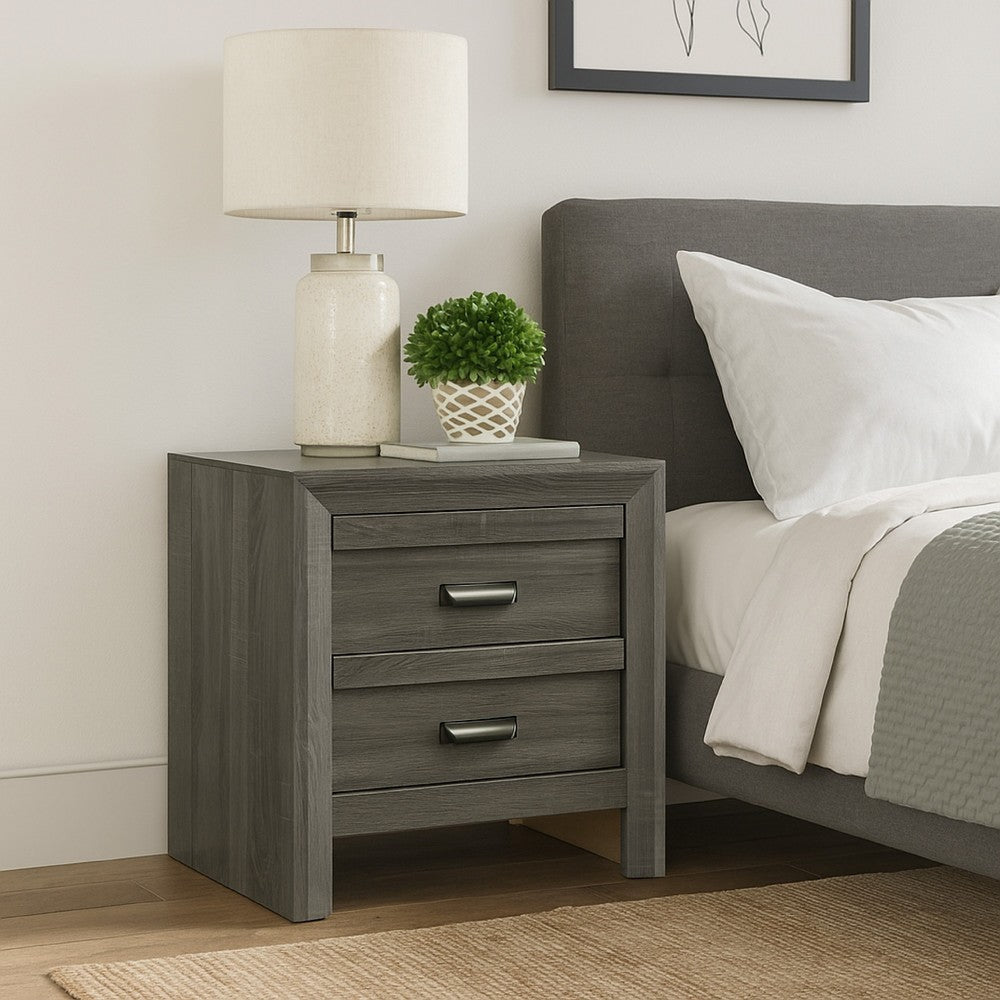 Velz Nightstand, 2 Drawers, Metal Finger Pull Handles, Dark Gray Wood