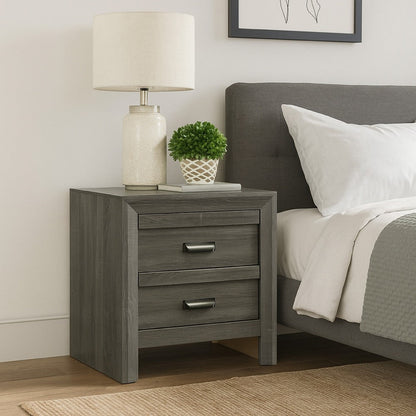Velz Nightstand, 2 Drawers, Metal Finger Pull Handles, Dark Gray Wood