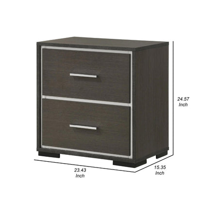 Hez Nightstand, 2 Drawers, Silver Trim, Modern Dark Brown Finish