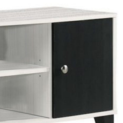 Akin TV Stand Media Center, 2 Doors w 4 Open Shelves, White, Black Wood