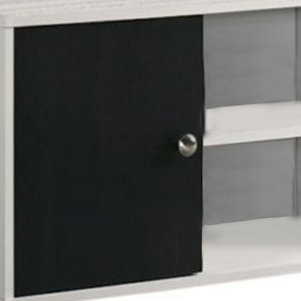 Akin TV Stand Media Center, 2 Doors w 4 Open Shelves, White, Black Wood