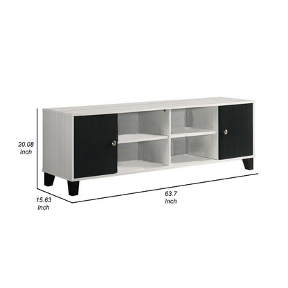 Akin TV Stand Media Center, 2 Doors w 4 Open Shelves, White, Black Wood