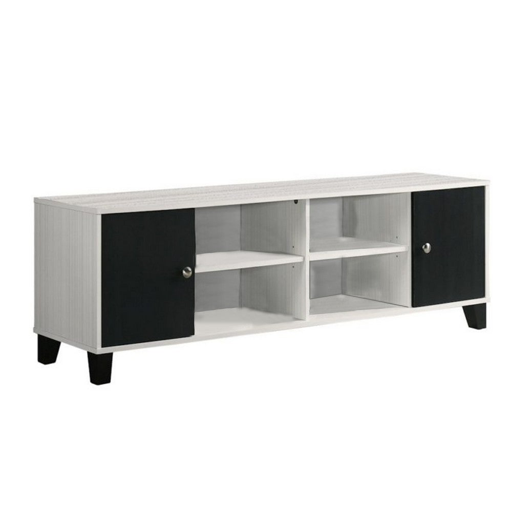 Akin TV Stand Media Center, 2 Doors w 4 Open Shelves, White, Black Wood