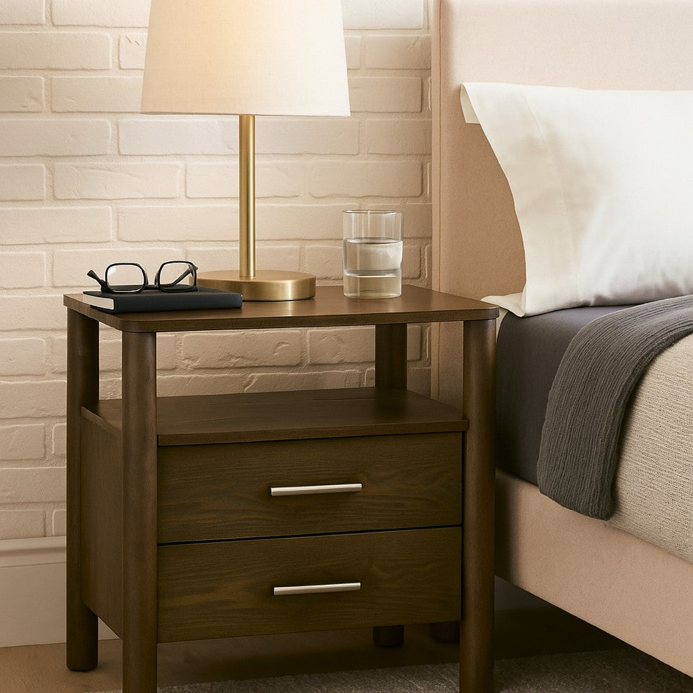 Cid Caro Nightstand, 2 Drawers 1 Shelf, Wenge Brown Rubberwood, 24 Inch