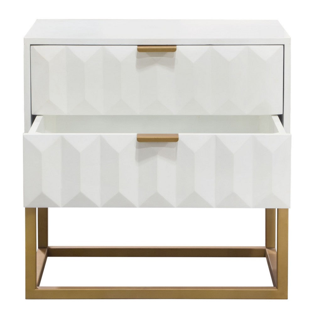 Fiva Nightstand, 2 Drawers, White Solid Mango Wood, Gold Iron Legs