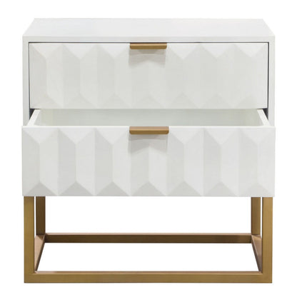 Fiva Nightstand, 2 Drawers, White Solid Mango Wood, Gold Iron Legs
