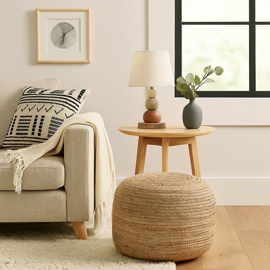 Poby Round Ottoman Pouf, 19 Inch Natural Brown Jute Fiber