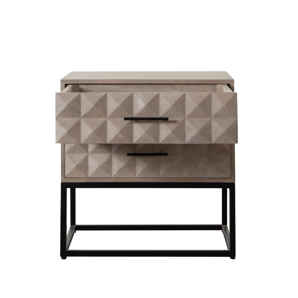 Zoe End Table Nightstand, Ash Gray Carved Fronts, Black Metal Base