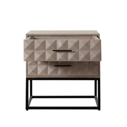 Zoe End Table Nightstand, Ash Gray Carved Fronts, Black Metal Base