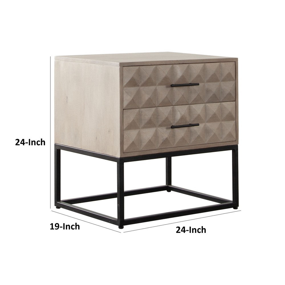 Zoe End Table Nightstand, Ash Gray Carved Fronts, Black Metal Base