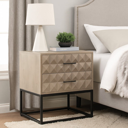 Zoe End Table Nightstand, Ash Gray Carved Fronts, Black Metal Base